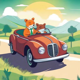 This is a vibrant digital art image depicting a bear and a fox in a cabrio car