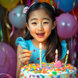 A beautiful Korean girl wearing a festive birthday outfit, joyfully blowing out a birthday candle on a colorful cake surrounded by vibrant decorations