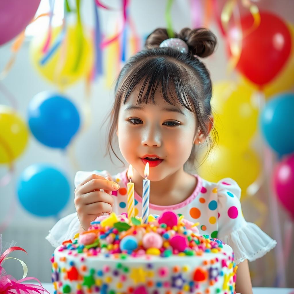 A beautiful Korean girl wearing a festive birthday outfit, joyfully blowing out a birthday candle on a colorful cake surrounded by vibrant decorations