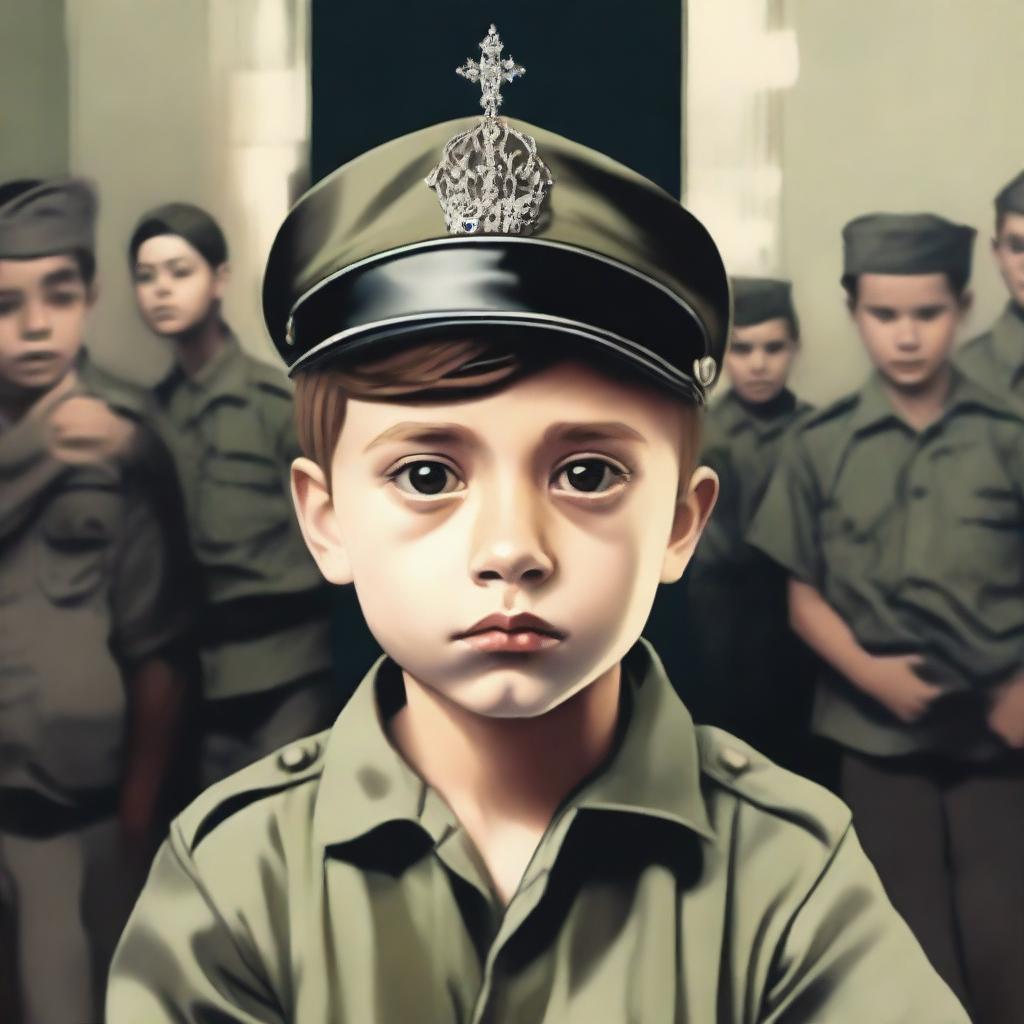 This is a high-resolution digital art image depicting a young boy in a military uniform, a crown resting on his head, in a prison setting