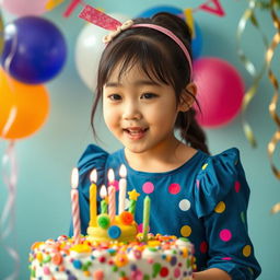 A beautiful Korean girl wearing a festive birthday outfit, joyfully blowing out a birthday candle on a colorful cake surrounded by vibrant decorations