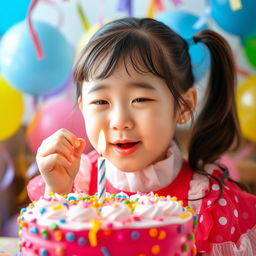 A beautiful Korean girl wearing a festive birthday outfit, joyfully blowing out a birthday candle on a colorful cake surrounded by vibrant decorations