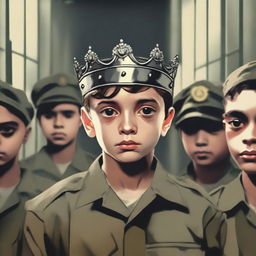 This is a high-resolution digital art image depicting a young boy in a military uniform, a crown resting on his head, in a prison setting