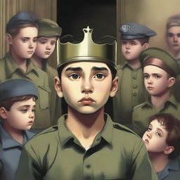 This is a high-resolution digital art image depicting a young boy in a military uniform, a crown resting on his head, in a prison setting