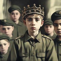 This is a high-resolution digital art image depicting a young boy in a military uniform, a crown resting on his head, in a prison setting