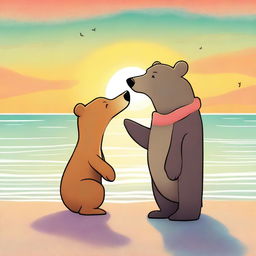 An endearing digital art image featuring a bear and a fox, their noses touching in a gentle kiss