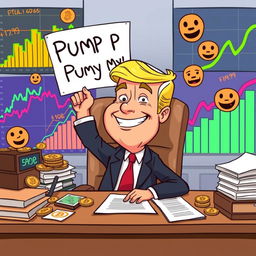 A humorous cartoon illustration featuring a stylized character resembling a president with exaggerated features, sitting at a desk cluttered with cryptocurrencies and charts showing dramatic upward trends