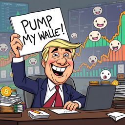 A humorous cartoon illustration featuring a stylized character resembling a president with exaggerated features, sitting at a desk cluttered with cryptocurrencies and charts showing dramatic upward trends