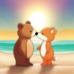 An endearing digital art image featuring a bear and a fox, their noses touching in a gentle kiss