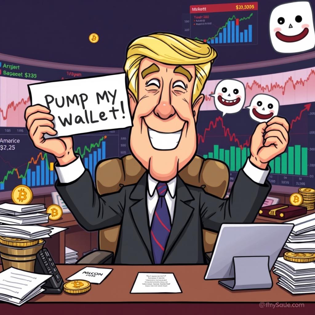 A humorous cartoon illustration featuring a stylized character resembling a president with exaggerated features, sitting at a desk cluttered with cryptocurrencies and charts showing dramatic upward trends