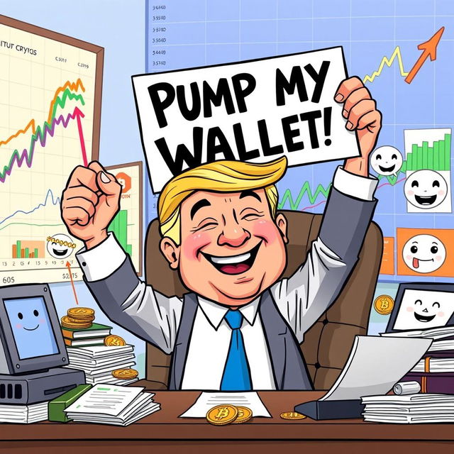 A humorous cartoon illustration featuring a stylized character resembling a president with exaggerated features, sitting at a desk cluttered with cryptocurrencies and charts showing dramatic upward trends
