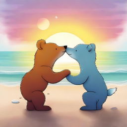 An endearing digital art image featuring a bear and a fox, their noses touching in a gentle kiss