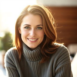 A woman between the ages of 30 and 45, featuring lovely chestnut brown hair and charming European features