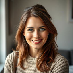 A woman between the ages of 30 and 45, featuring lovely chestnut brown hair and charming European features