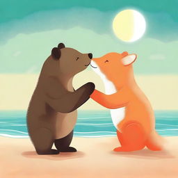 An endearing digital art image featuring a bear and a fox, their noses touching in a gentle kiss