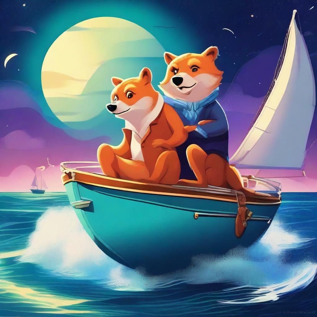 A high-quality, vibrant digital art piece showcasing a cunning bear and a sly fox, both anthropomorphized, executing a daring theft of a luxurious yacht under the moonlit sky