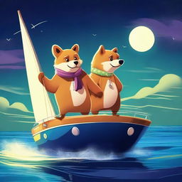 A high-quality, vibrant digital art piece showcasing a cunning bear and a sly fox, both anthropomorphized, executing a daring theft of a luxurious yacht under the moonlit sky