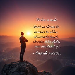 A powerful, inspirational business scene showing a confident individual standing on a mountain peak, gazing at a radiant sunrise with a glowing city skyline in the background