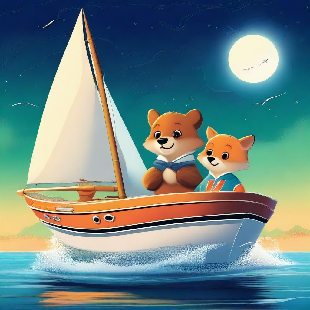 A high-quality, vibrant digital art piece showcasing a cunning bear and a sly fox, both anthropomorphized, executing a daring theft of a luxurious yacht under the moonlit sky