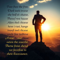 A powerful, inspirational business scene showing a confident individual standing on a mountain peak, gazing at a radiant sunrise with a glowing city skyline in the background