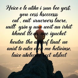 A powerful, inspirational business scene showing a confident individual standing on a mountain peak, gazing at a radiant sunrise with a glowing city skyline in the background