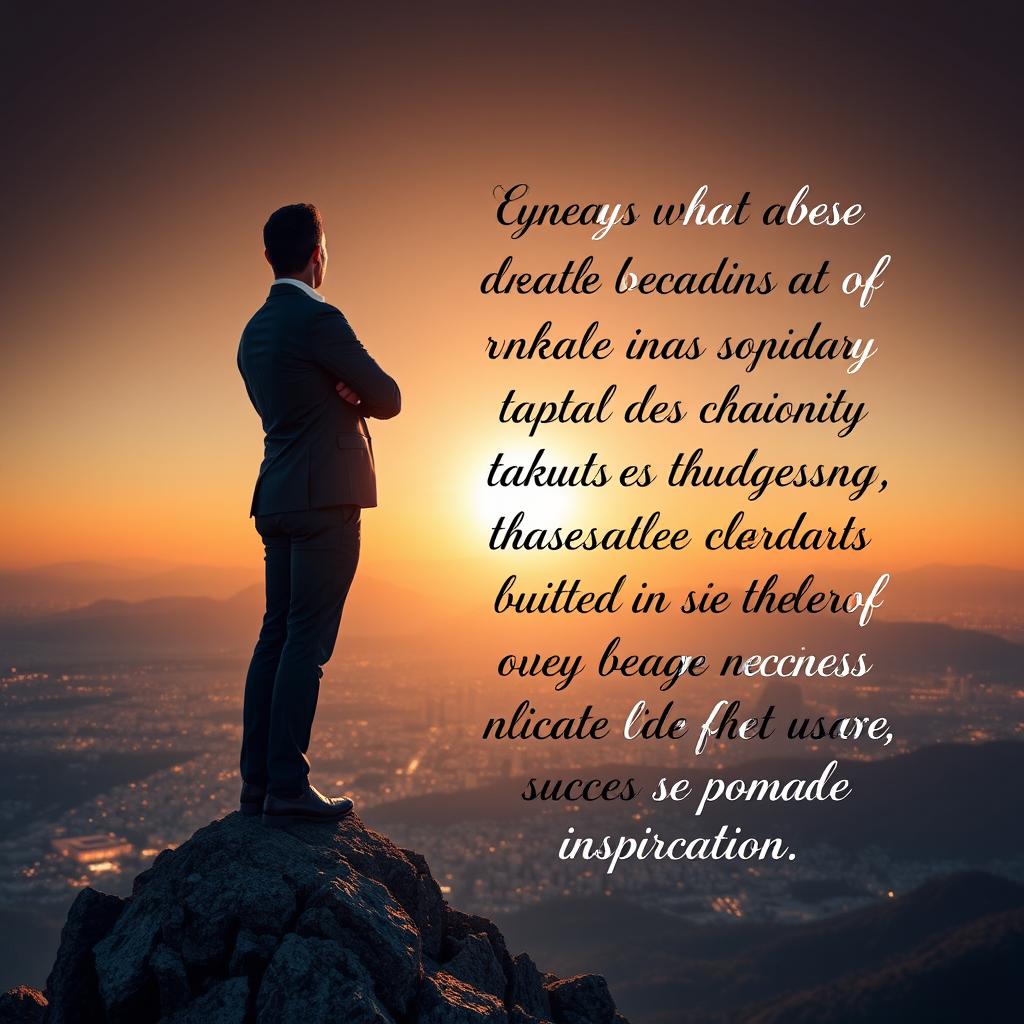 A powerful, inspirational business scene showing a confident individual standing on a mountain peak, gazing at a radiant sunrise with a glowing city skyline in the background