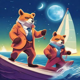 A high-quality, vibrant digital art piece showcasing a cunning bear and a sly fox, both anthropomorphized, executing a daring theft of a luxurious yacht under the moonlit sky