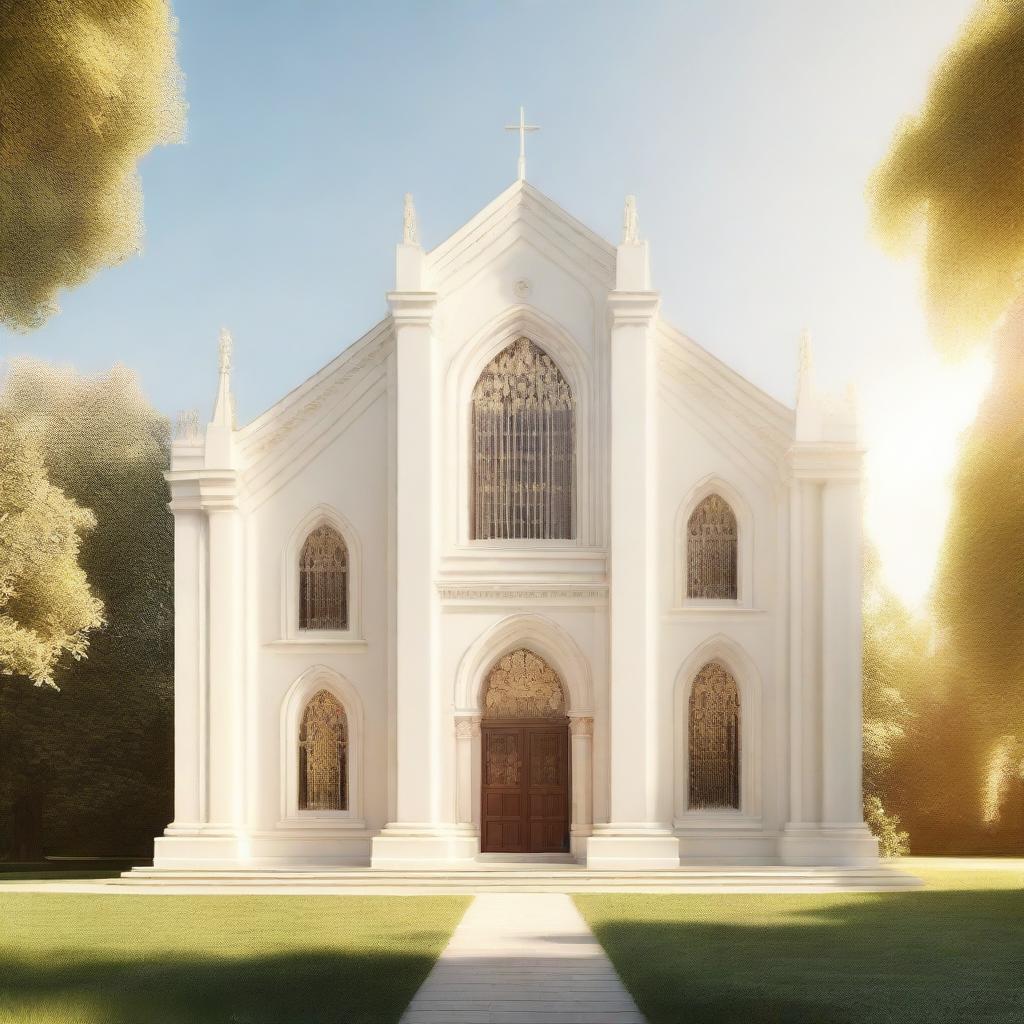 A digital art image of a grand church, bathed in soft sunlight