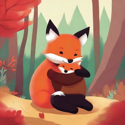 A heartwarming digital art showcasing a small, red fox embracing a large, brown bear in a friendly hug