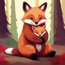 A heartwarming digital art showcasing a small, red fox embracing a large, brown bear in a friendly hug