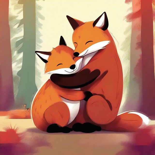 A heartwarming digital art showcasing a small, red fox embracing a large, brown bear in a friendly hug