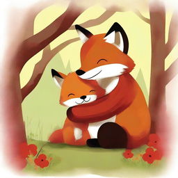 A heartwarming digital art showcasing a small, red fox embracing a large, brown bear in a friendly hug