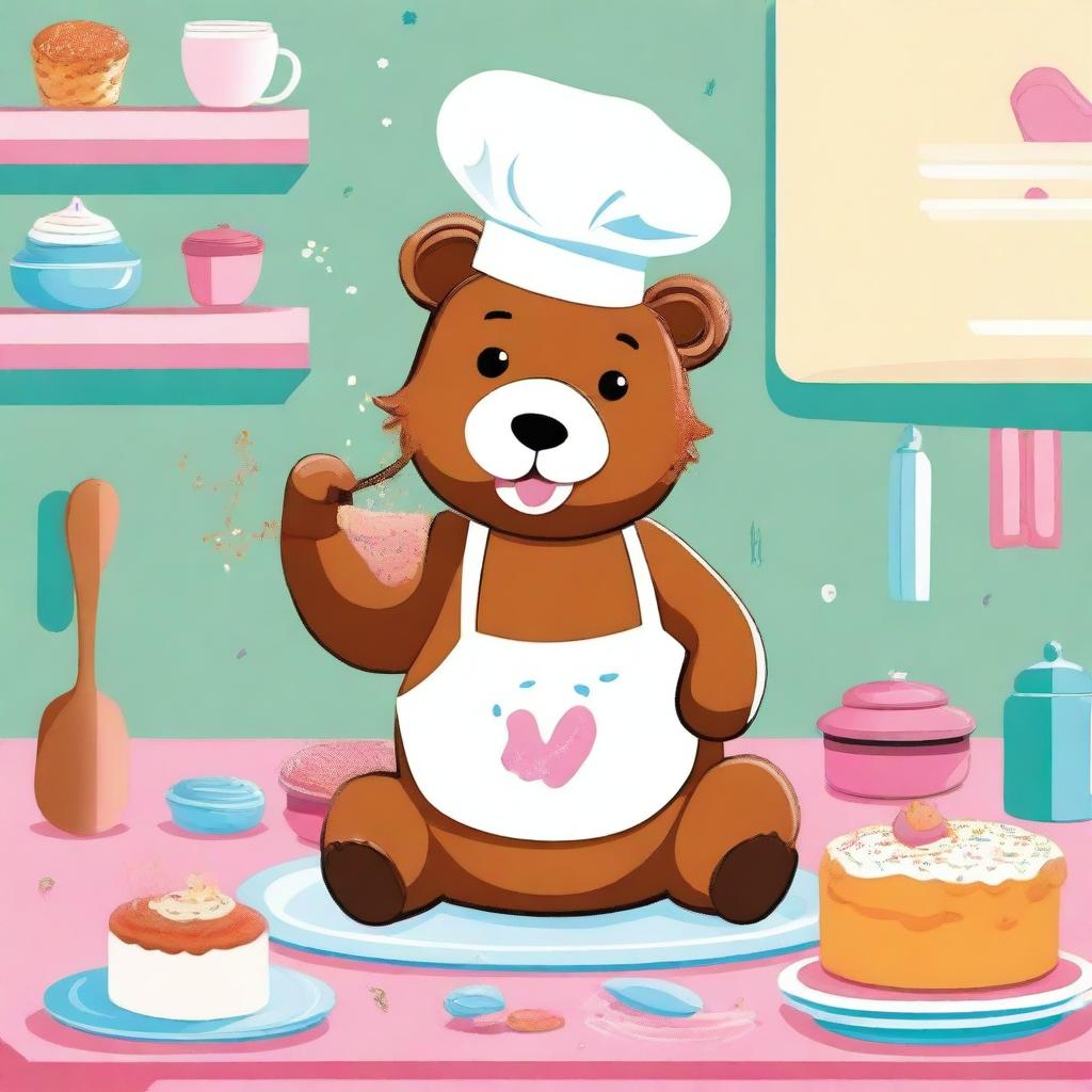 An endearing digital art piece of a bear and a fox in the midst of baking a cake