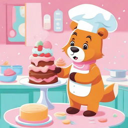 An endearing digital art piece of a bear and a fox in the midst of baking a cake