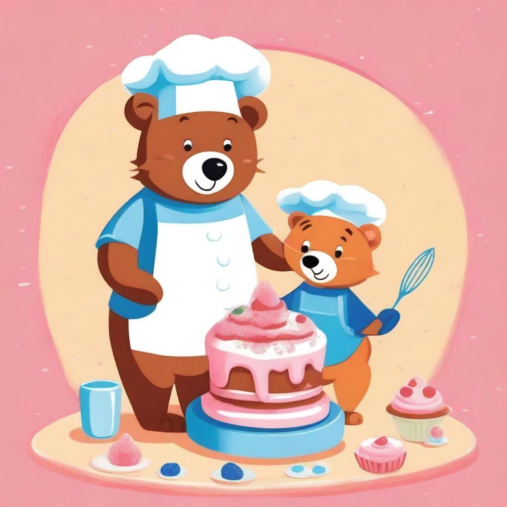 An endearing digital art piece of a bear and a fox in the midst of baking a cake