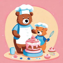 An endearing digital art piece of a bear and a fox in the midst of baking a cake