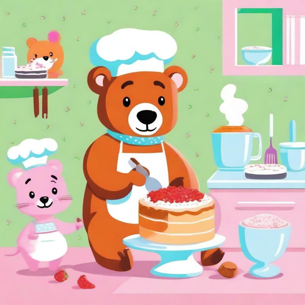 An endearing digital art piece of a bear and a fox in the midst of baking a cake