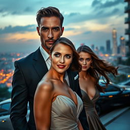 A dramatic and suspenseful scene featuring Alex, a charismatic and stylish man in his mid-thirties, standing outside a luxurious hotel overlooking a vibrant city skyline at sunset