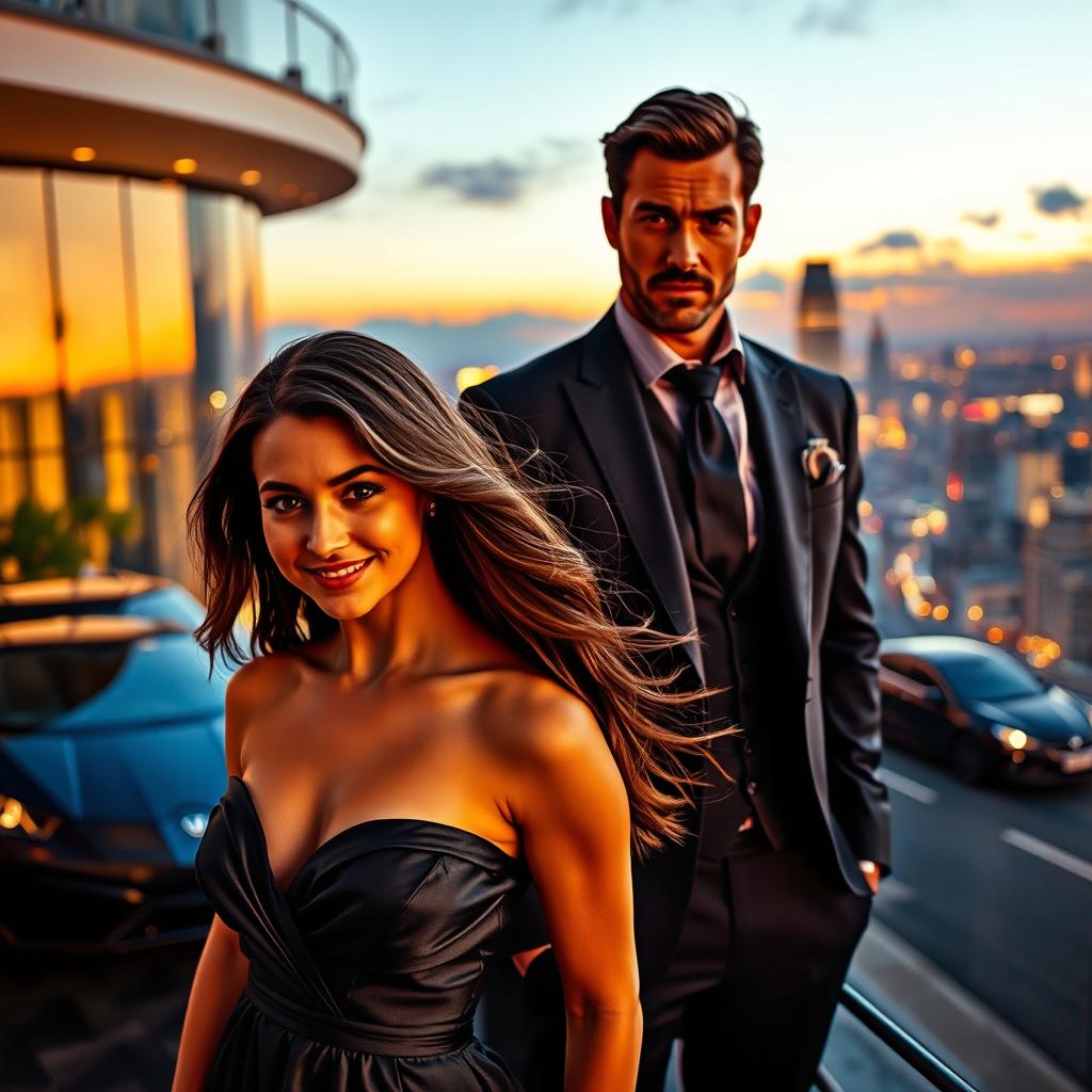 A dramatic and suspenseful scene featuring Alex, a charismatic and stylish man in his mid-thirties, standing outside a luxurious hotel overlooking a vibrant city skyline at sunset