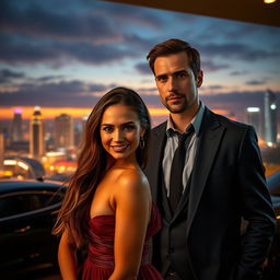 A dramatic and suspenseful scene featuring Alex, a charismatic and stylish man in his mid-thirties, standing outside a luxurious hotel overlooking a vibrant city skyline at sunset
