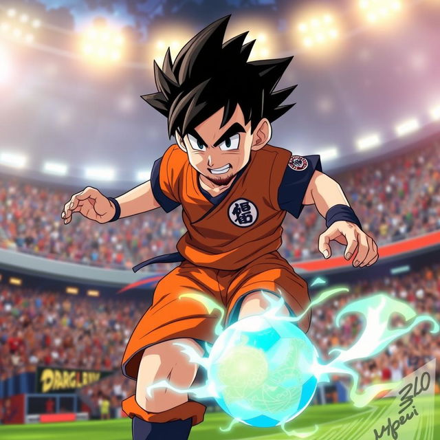 An anime character combining the features of Lionel Messi and Goku from Dragon Ball