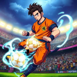 An anime character combining the features of Lionel Messi and Goku from Dragon Ball
