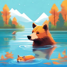 A high-quality digital art piece showcasing a bear and a fox swimming together in a crystal clear lake