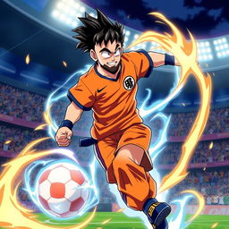 An anime character combining the features of Lionel Messi and Goku from Dragon Ball