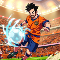 An anime character combining the features of Lionel Messi and Goku from Dragon Ball