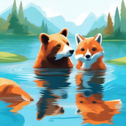 A high-quality digital art piece showcasing a bear and a fox swimming together in a crystal clear lake