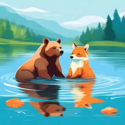 A high-quality digital art piece showcasing a bear and a fox swimming together in a crystal clear lake