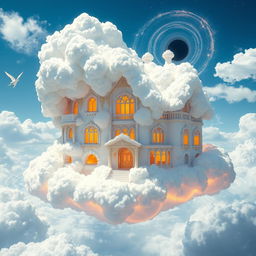A fantastical house made entirely out of fluffy clouds, glowing warmly from within, floating in a clear blue sky
