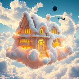 A fantastical house made entirely out of fluffy clouds, glowing warmly from within, floating in a clear blue sky