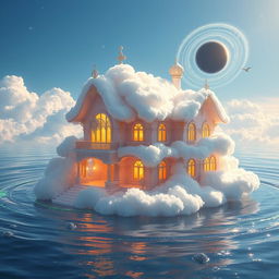 A fantastical house made entirely out of fluffy clouds, glowing warmly from within, floating in a clear blue sky